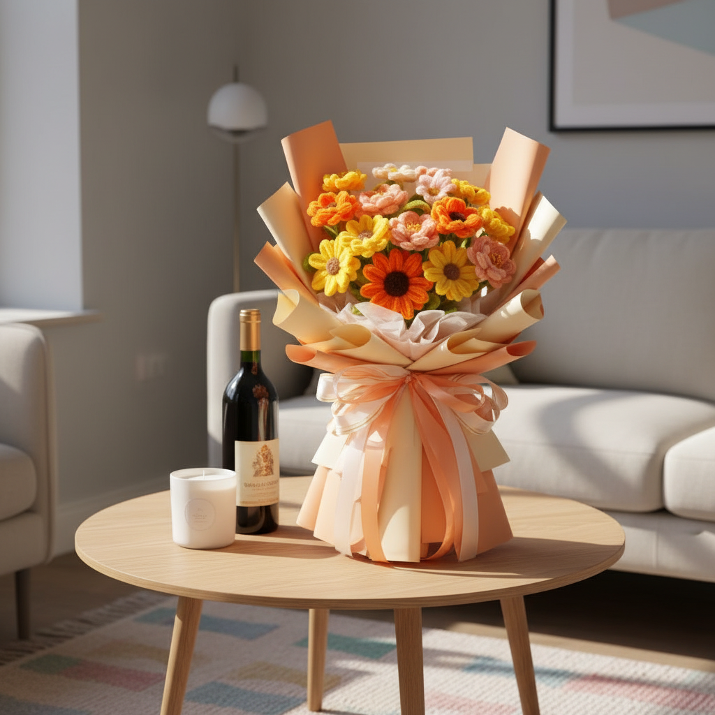 Nieuwe Woning boeket met wijn en geurkaars in interieur