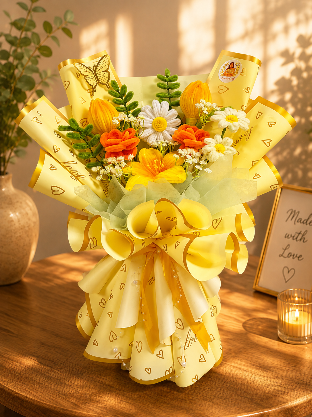 Beterschap boeket met gele en oranje chenilledraad bloemen