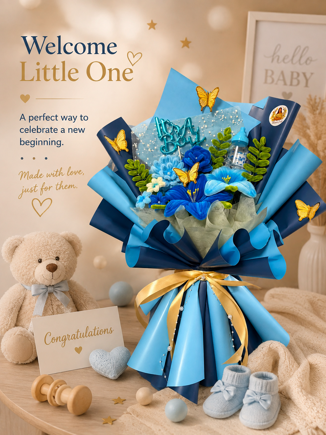 Geboorte boeket blauw - Welcome Little One, It's a Boy