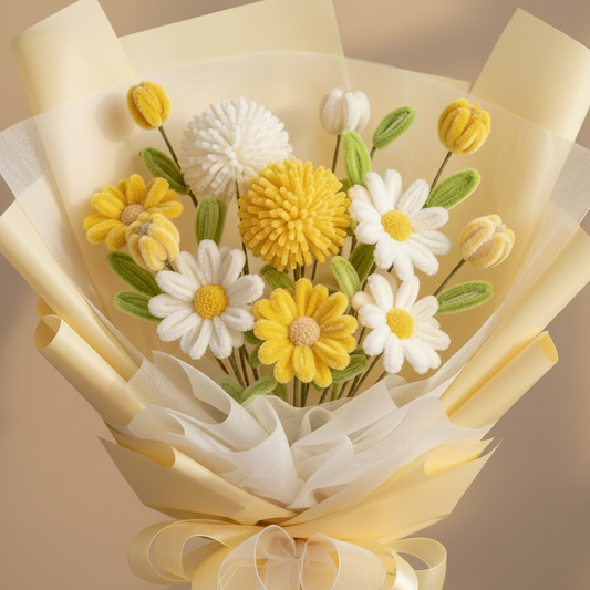 Close-up handgemaakte chenilledraad bloemen geel en wit