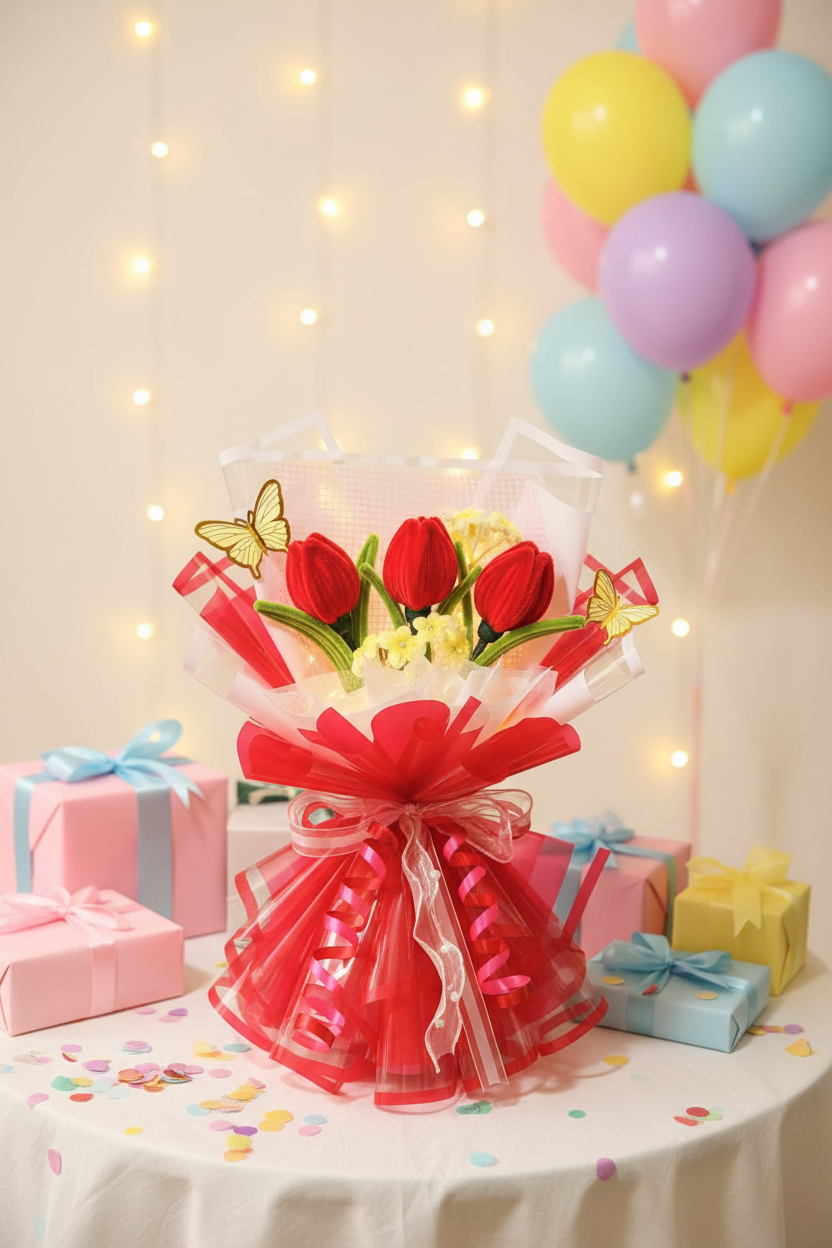 Rood tulpenboeket feestelijke tafelstelling met cadeaus en ballonnen