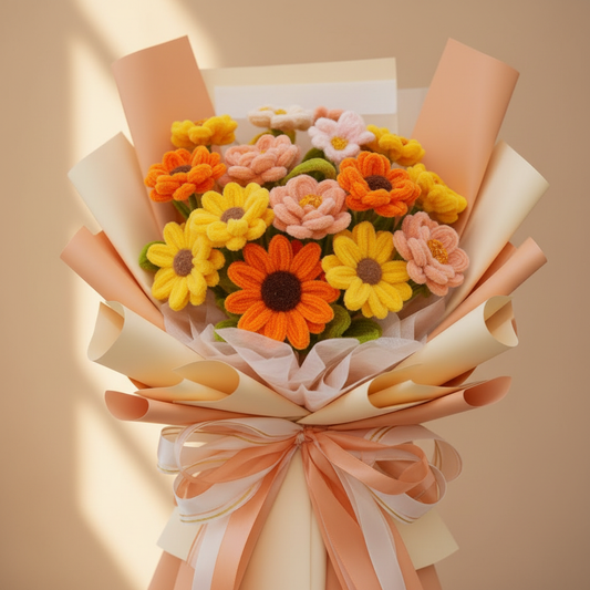 Close-up handgemaakte chenilledraad bloemen oranje geel roze