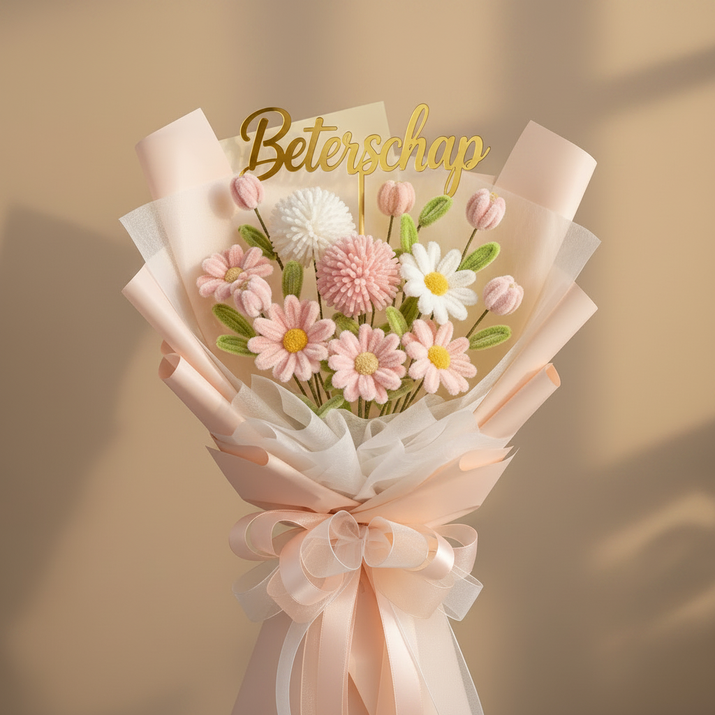 Handgemaakte chenilledraad bloemen boeket roze en wit met Beterschap topper