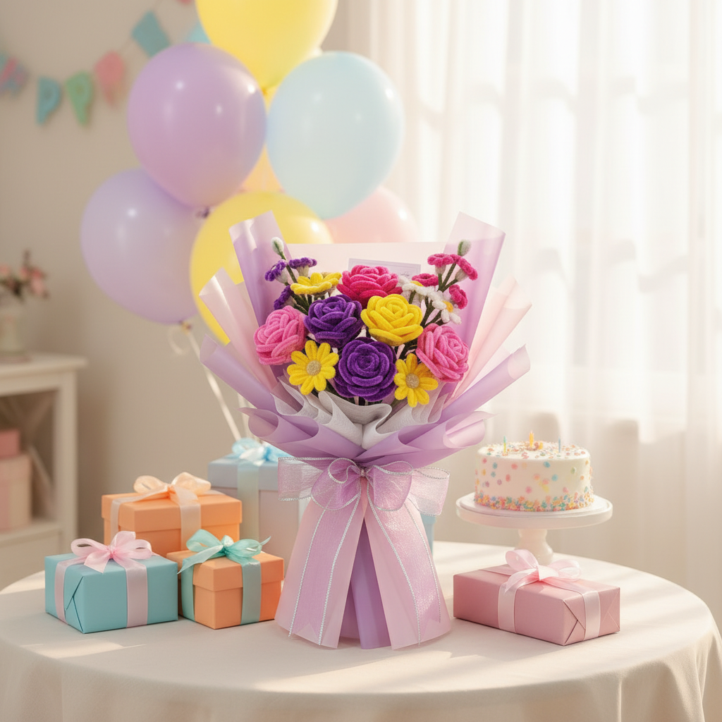 Verjaardag boeket met cadeaus ballonnen en taart