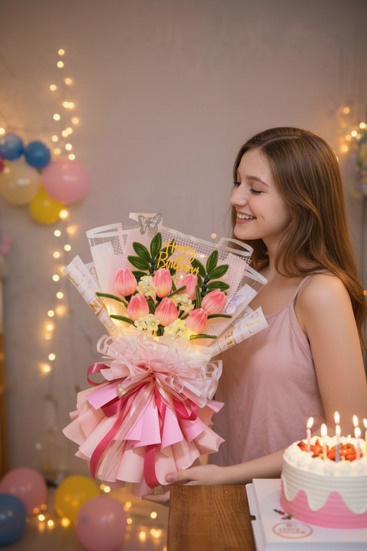 Roze tulpenboeket met verjaardagstaart lifestyle foto