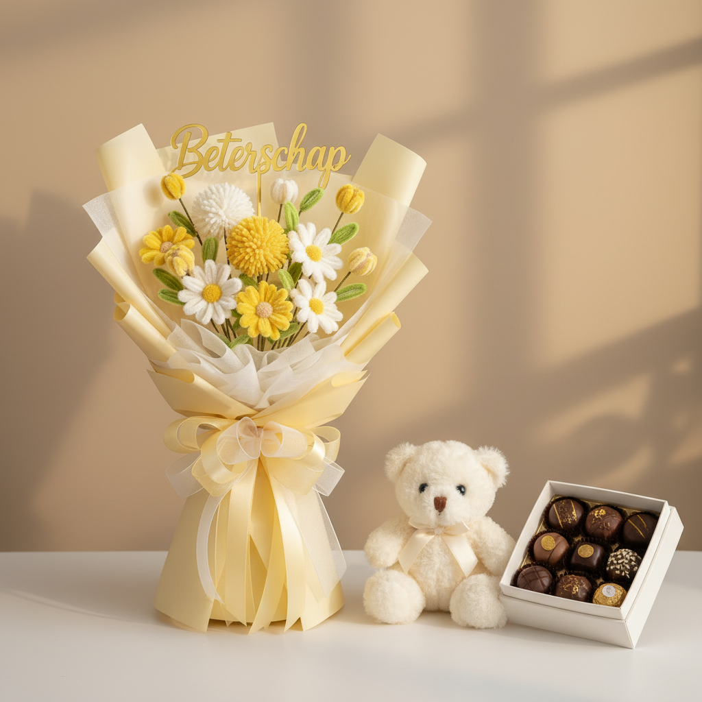 Beterschap boeket met knuffelbeer en chocolade