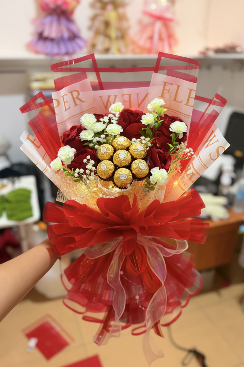 Rood boeket met Ferrero Rocher cluster